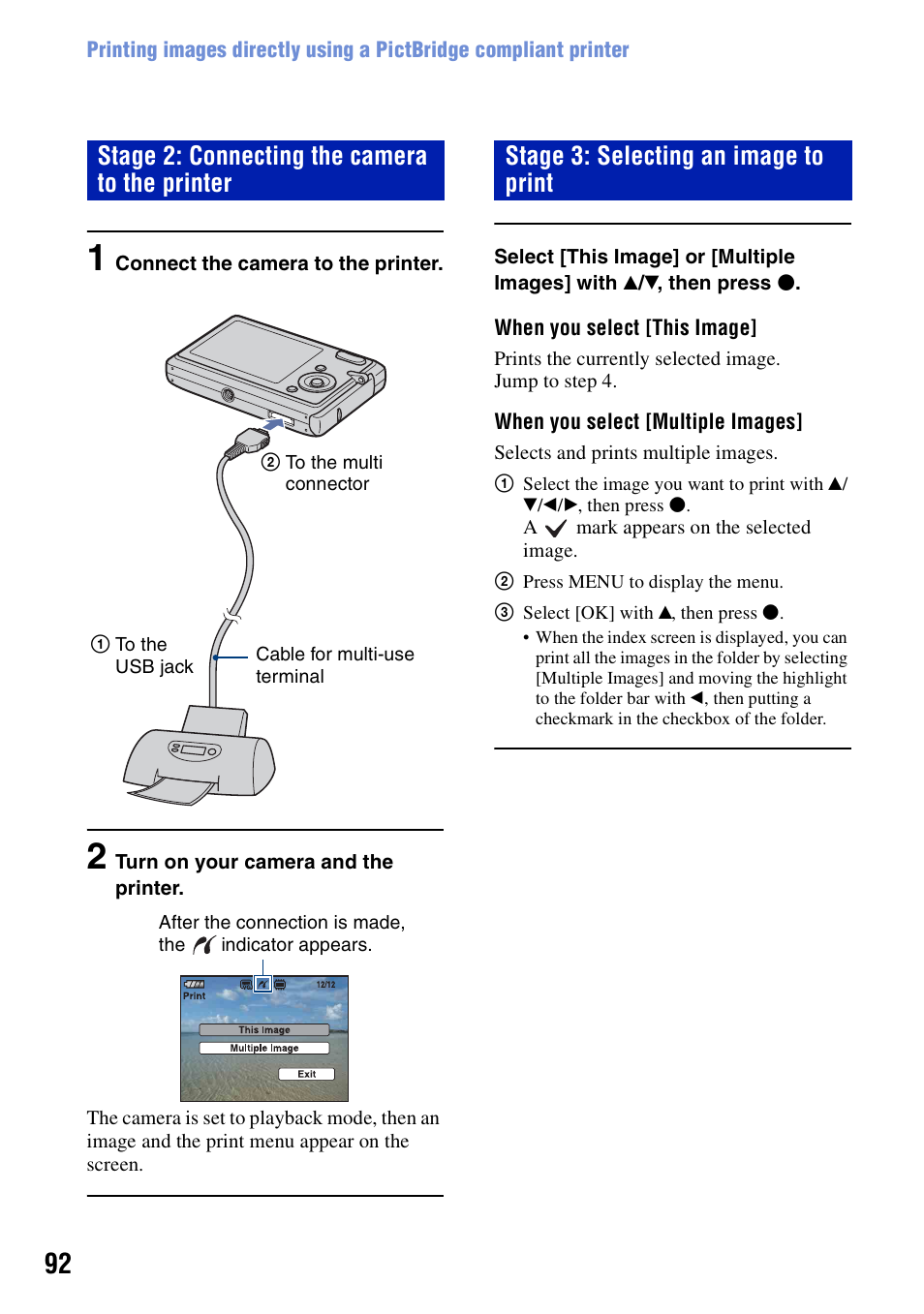 Stage 2: connecting the camera to the printer, Stage 3: selecting an image to print | Sony DSC-T20 User Manual | Page 92 / 119