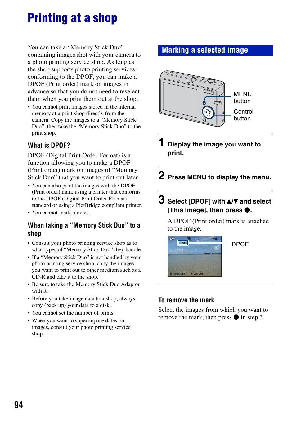 Printing at a shop, Marking a selected image | Sony DSC-T20 User Manual | Page 94 / 119