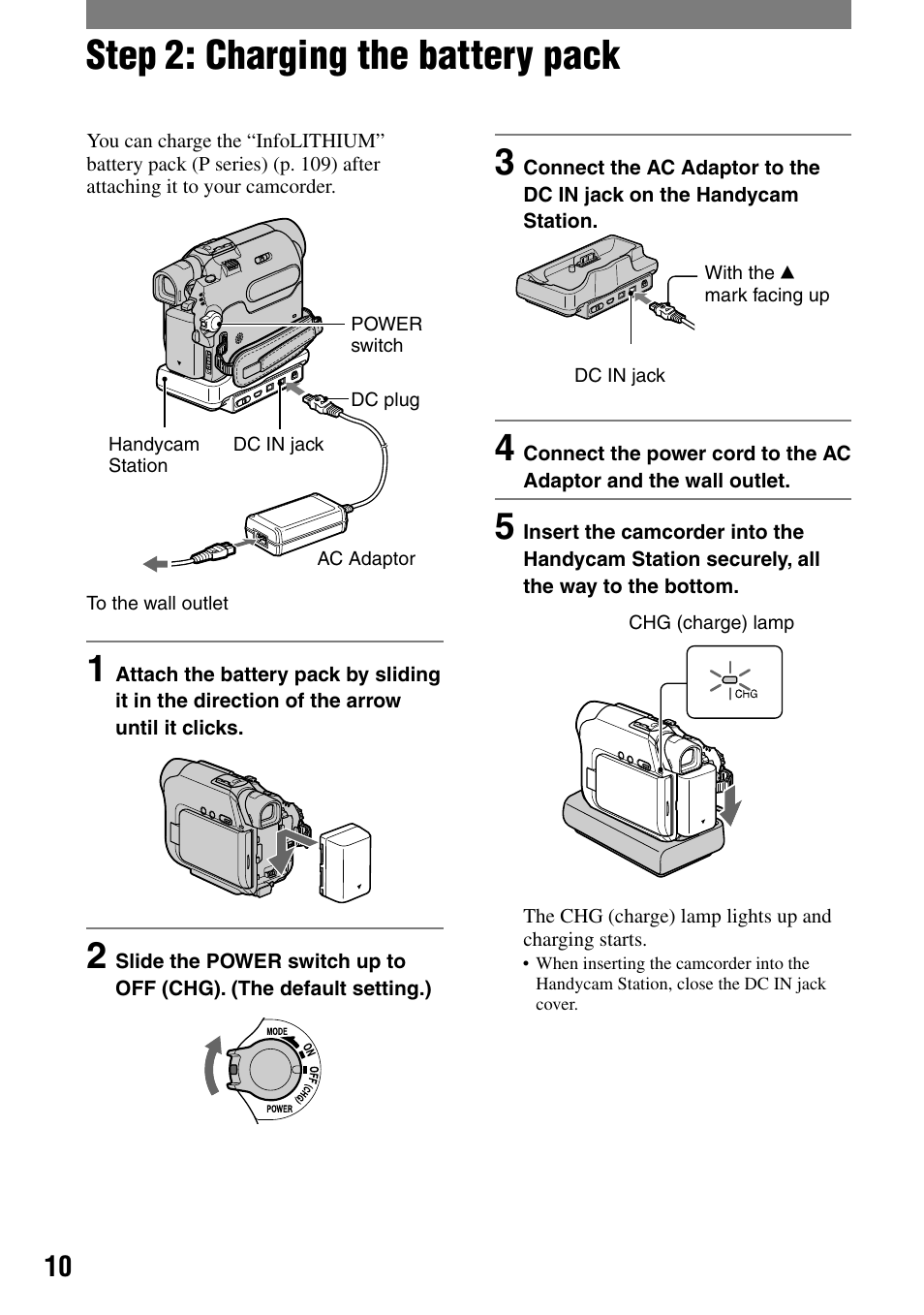 Step 2: charging the battery pack | Sony DCR-HC32 User Manual | Page 10 / 123