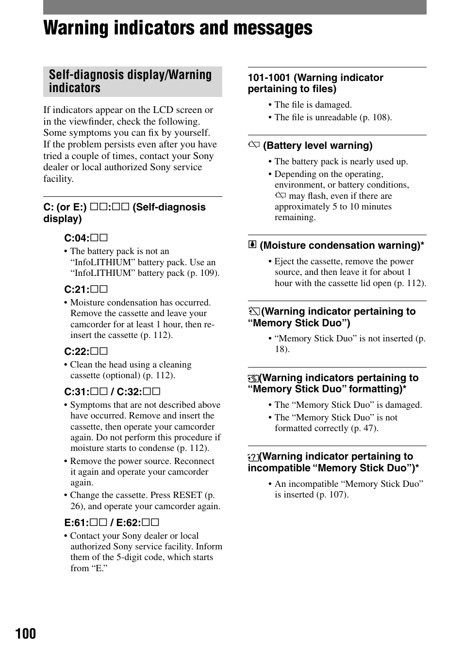 Warning indicators and messages, Self-diagnosis display/warning indicators | Sony DCR-HC32 User Manual | Page 100 / 123