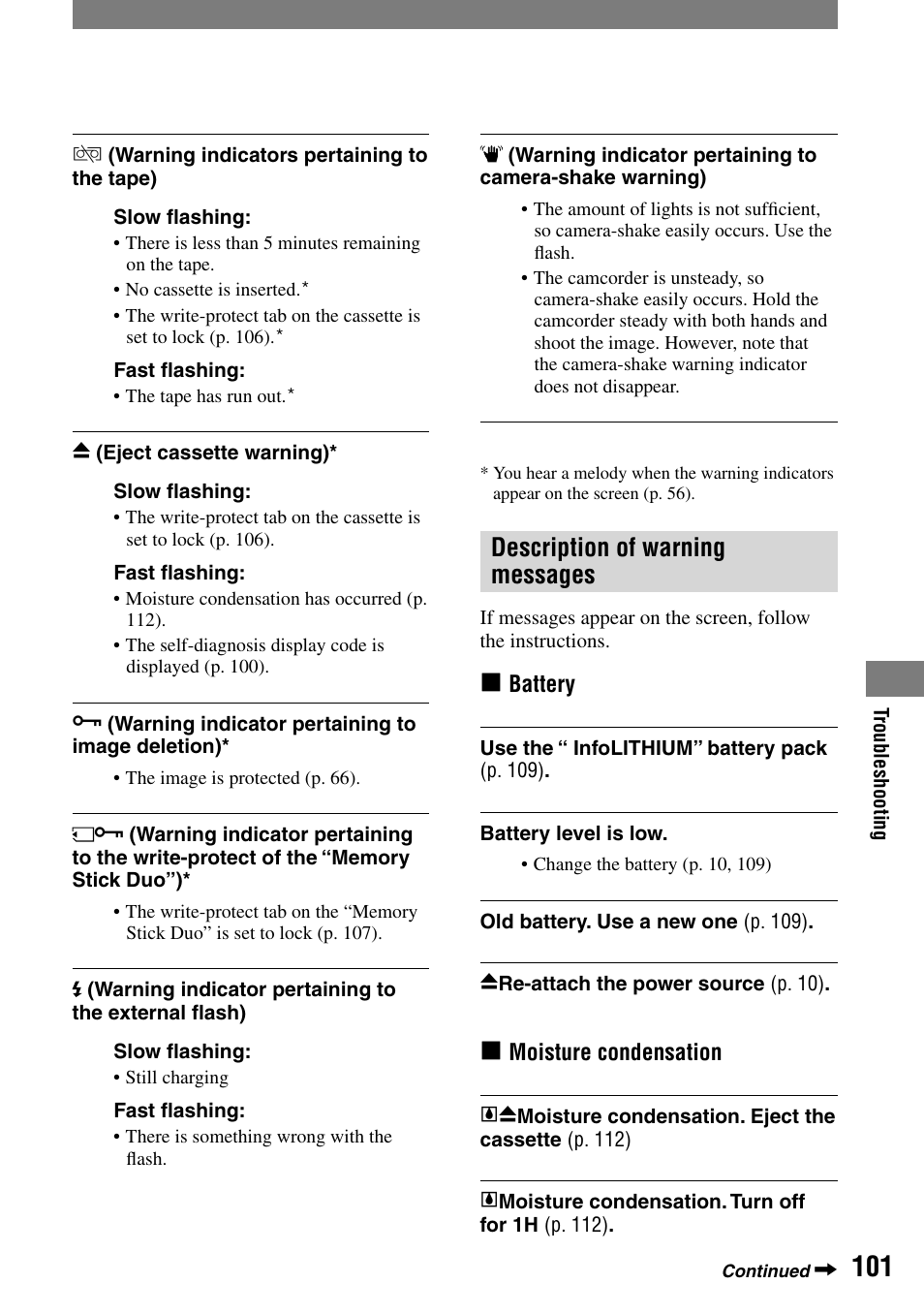 Description of warning messages | Sony DCR-HC32 User Manual | Page 101 / 123