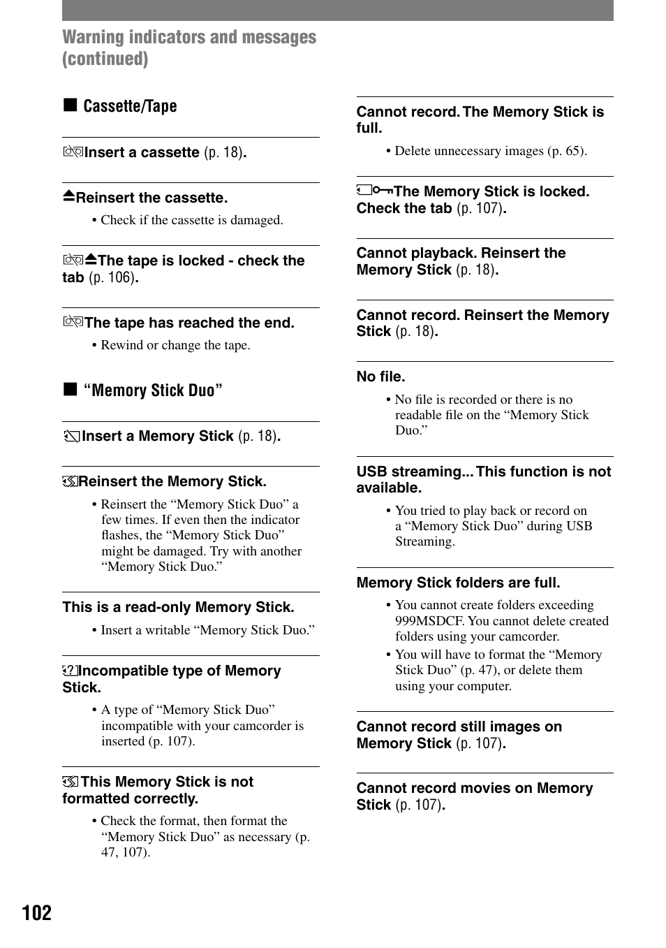 Warning indicators and messages (continued) | Sony DCR-HC32 User Manual | Page 102 / 123