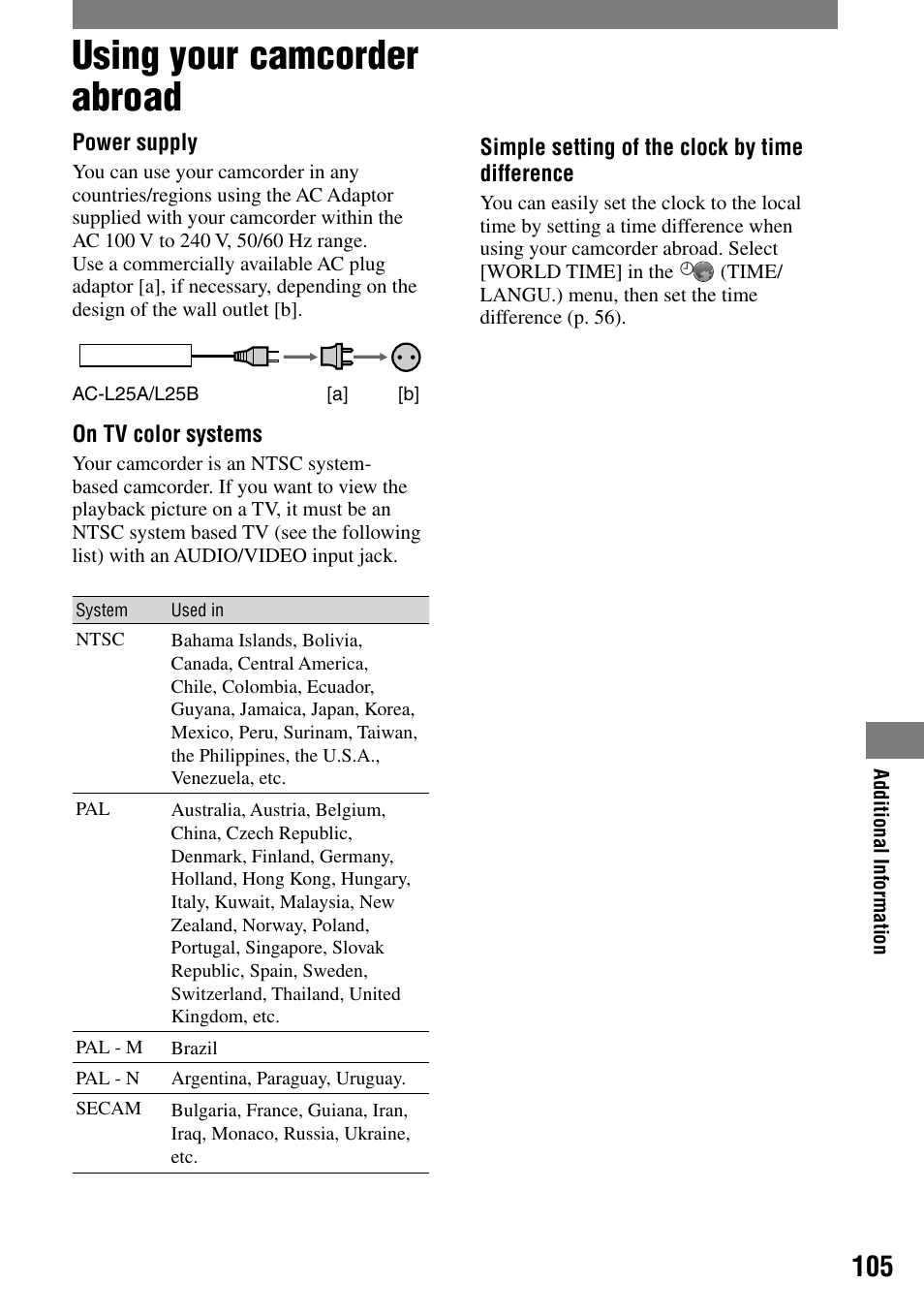 Additional information, Using your camcorder abroad | Sony DCR-HC32 User Manual | Page 105 / 123