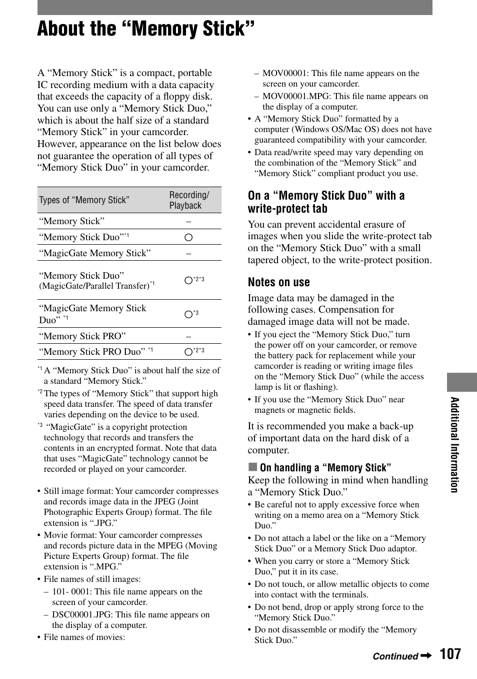 About the “memory stick | Sony DCR-HC32 User Manual | Page 107 / 123