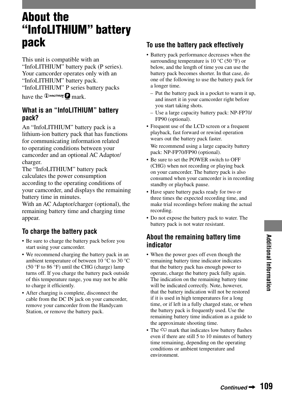 About the “infolithium” battery pack | Sony DCR-HC32 User Manual | Page 109 / 123