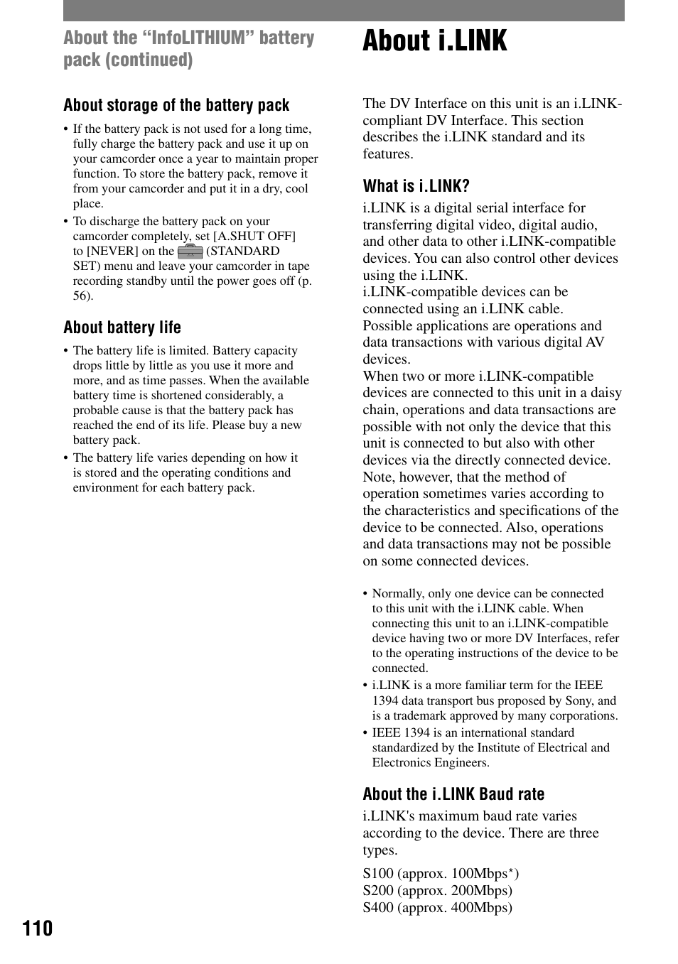 About i.link, About the “infolithium” battery pack (continued) | Sony DCR-HC32 User Manual | Page 110 / 123