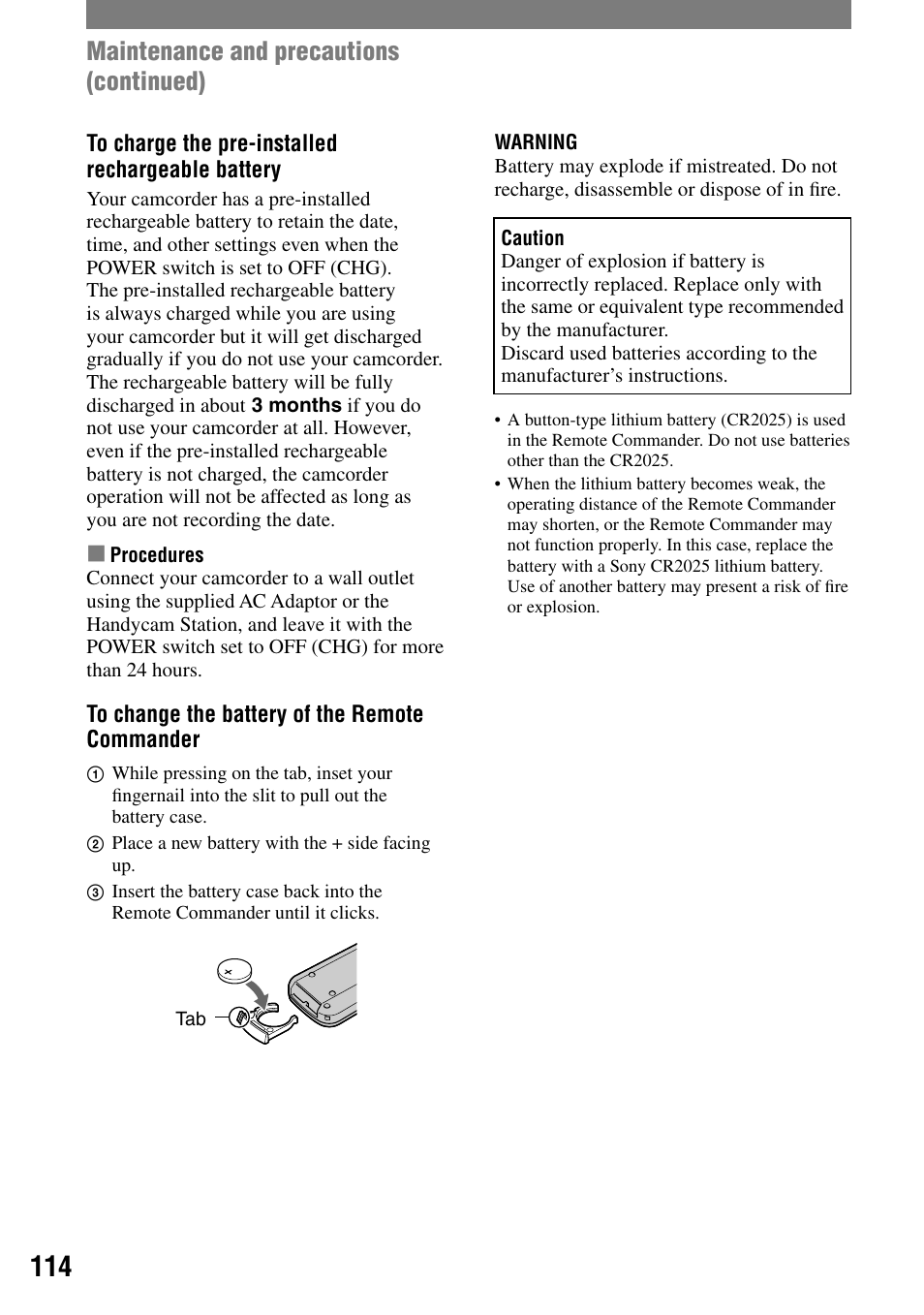 Maintenance and precautions (continued) | Sony DCR-HC32 User Manual | Page 114 / 123