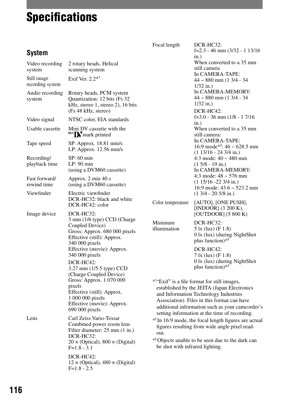 Specifications, Speciﬁcations, System | Sony DCR-HC32 User Manual | Page 116 / 123