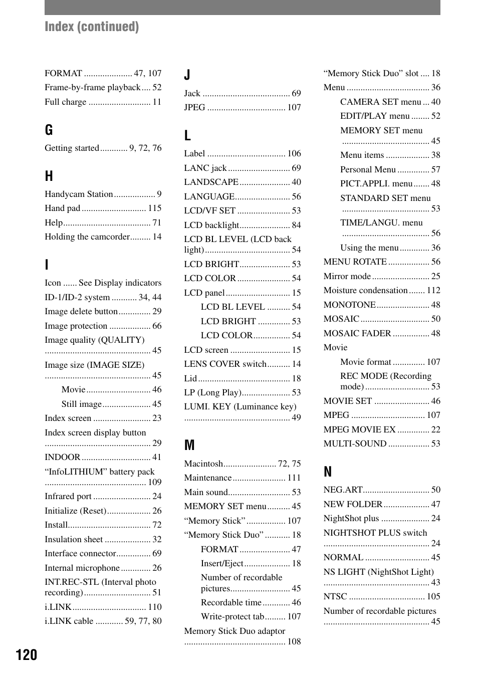 Index (continued) | Sony DCR-HC32 User Manual | Page 120 / 123