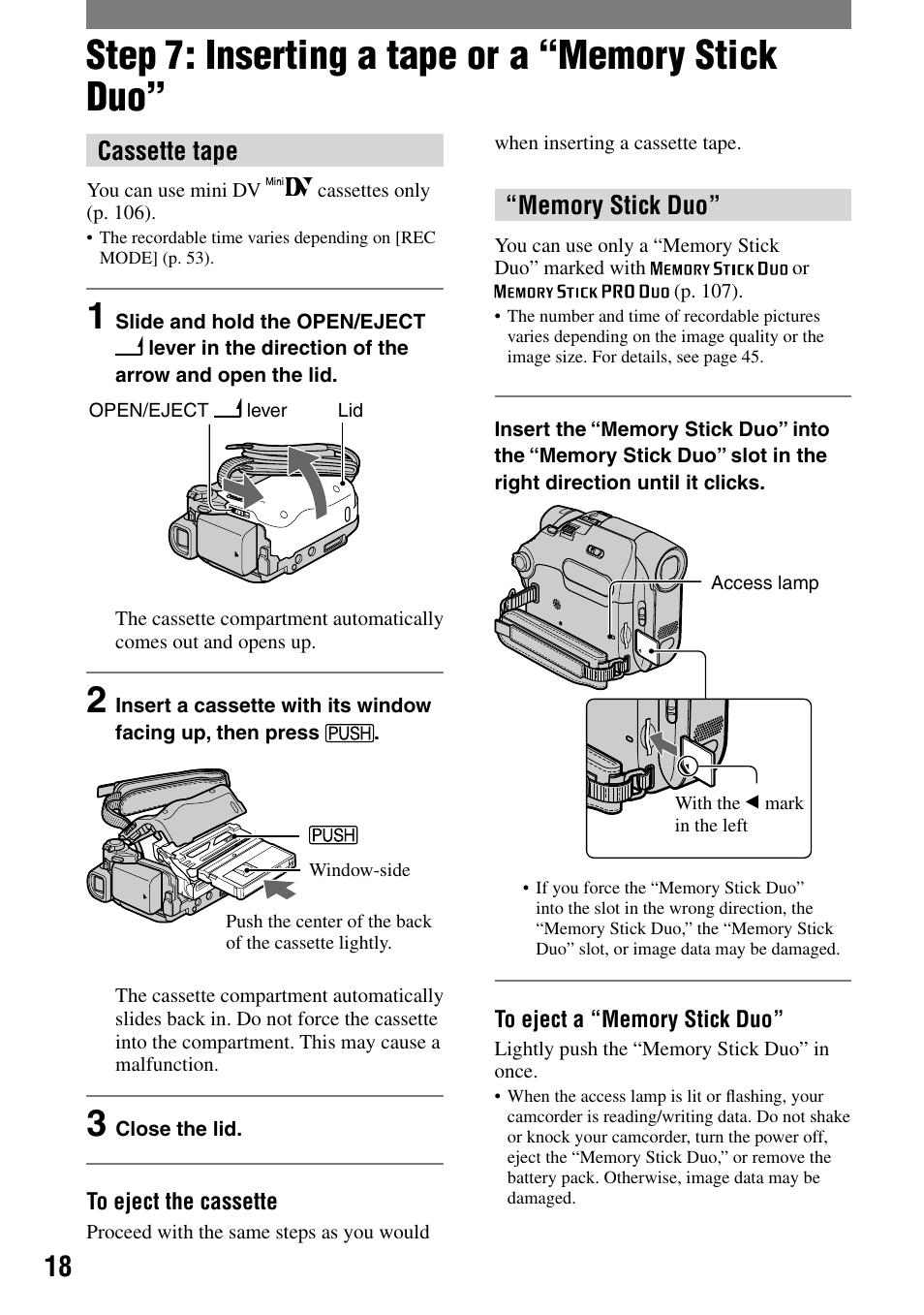 Step 7: inserting a tape or a “memory stick duo, Cassette tape | Sony DCR-HC32 User Manual | Page 18 / 123