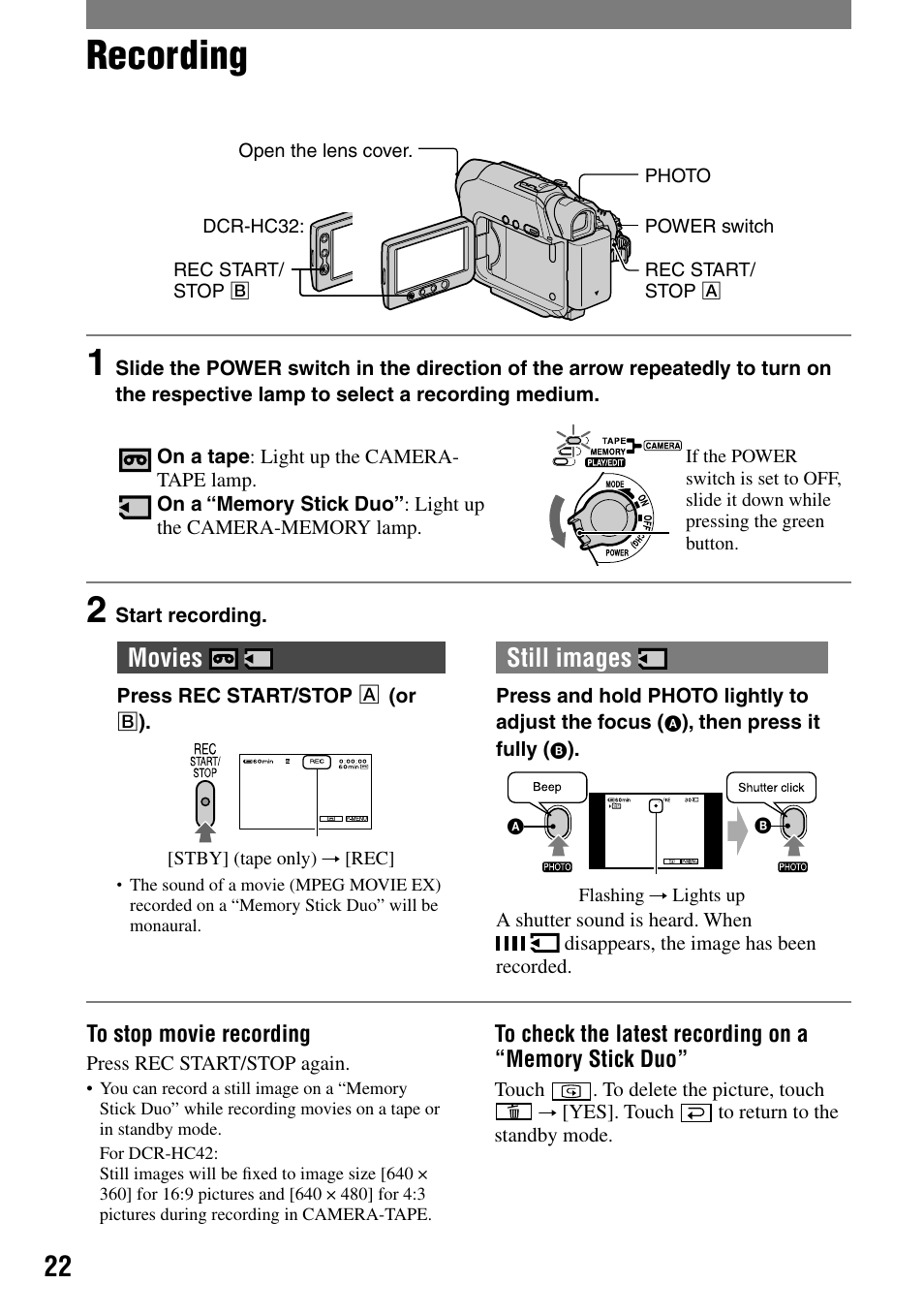 Recording, Movies, Still images | Sony DCR-HC32 User Manual | Page 22 / 123