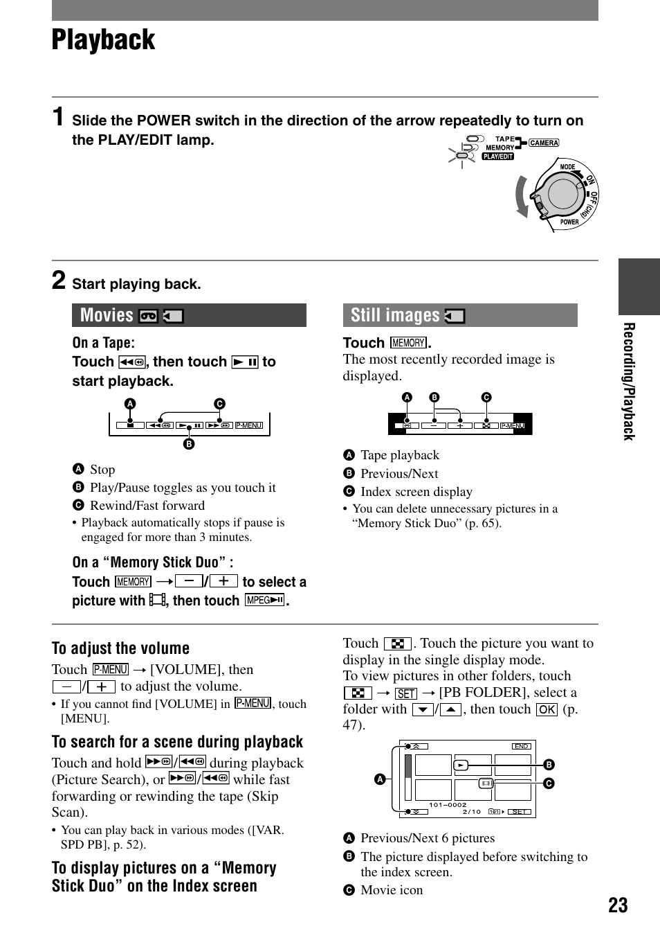Playback, Movies, Still images | Sony DCR-HC32 User Manual | Page 23 / 123