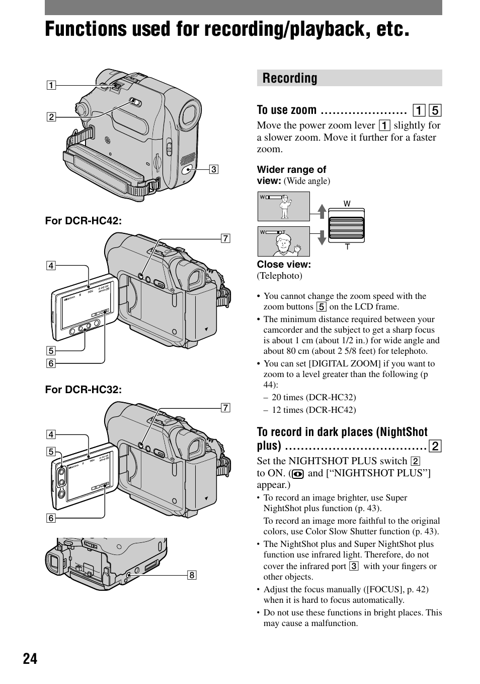 Functions used for recording/playback, etc, Recording, To use zoom | To record in dark places (nightshot plus) | Sony DCR-HC32 User Manual | Page 24 / 123