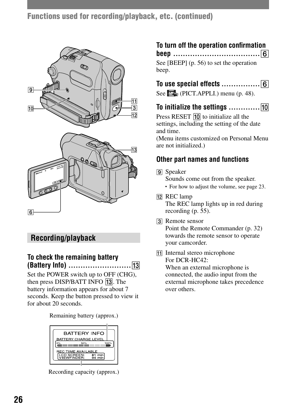 Recording/playback, To check the remaining battery (battery info), To turn off the operation confirmation beep | To use special effects, To initialize the settings, Other part names and functions | Sony DCR-HC32 User Manual | Page 26 / 123