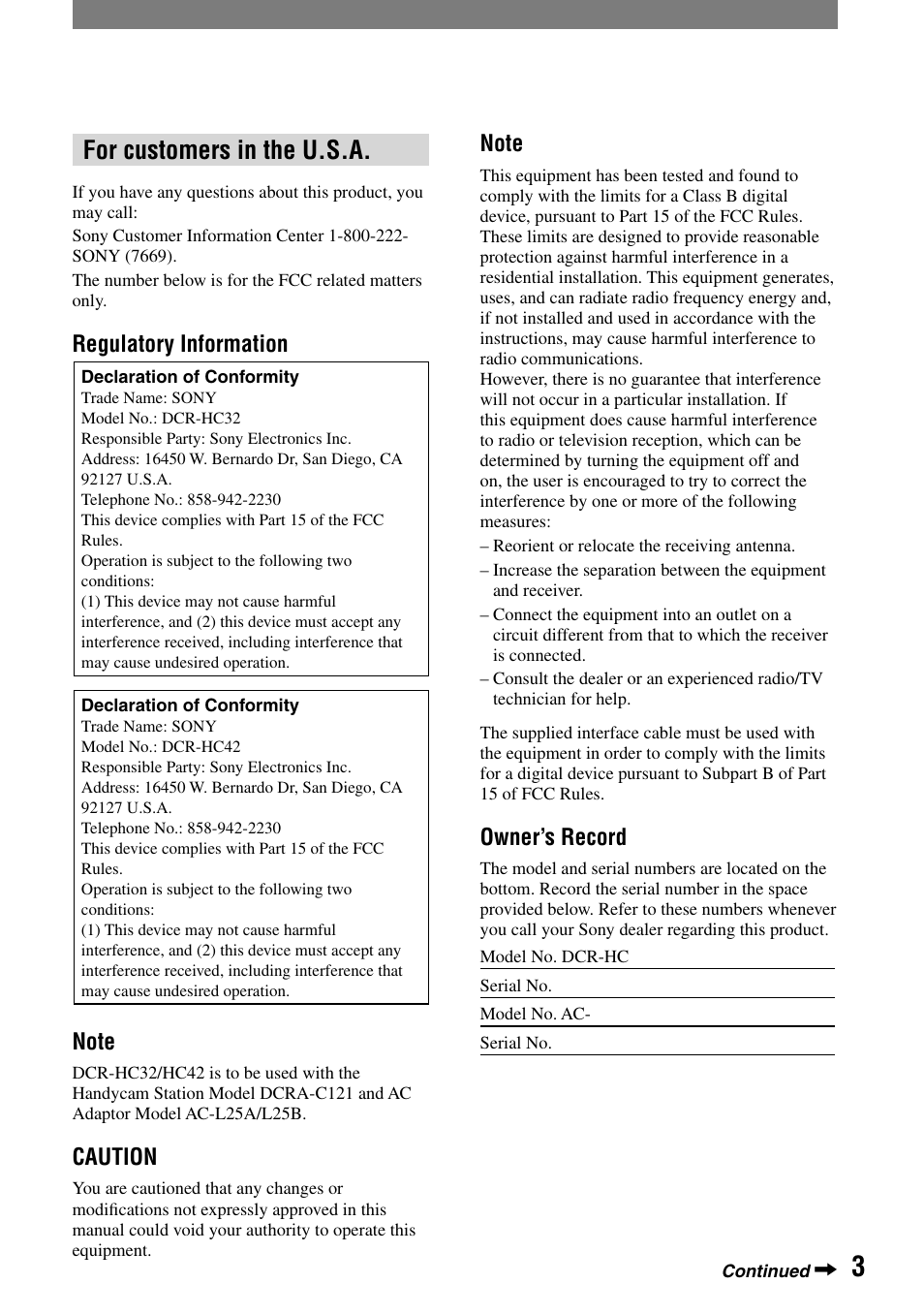 For customers in the u.s.a | Sony DCR-HC32 User Manual | Page 3 / 123