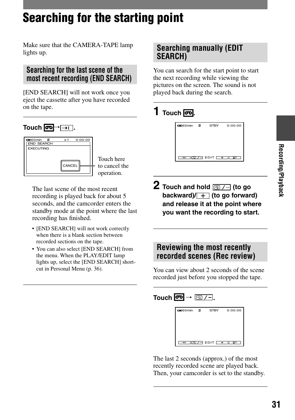 Searching for the starting point, Searching manually (edit search) | Sony DCR-HC32 User Manual | Page 31 / 123