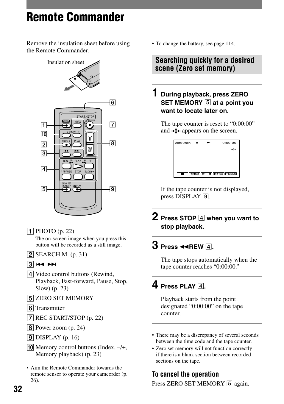 Remote commander | Sony DCR-HC32 User Manual | Page 32 / 123