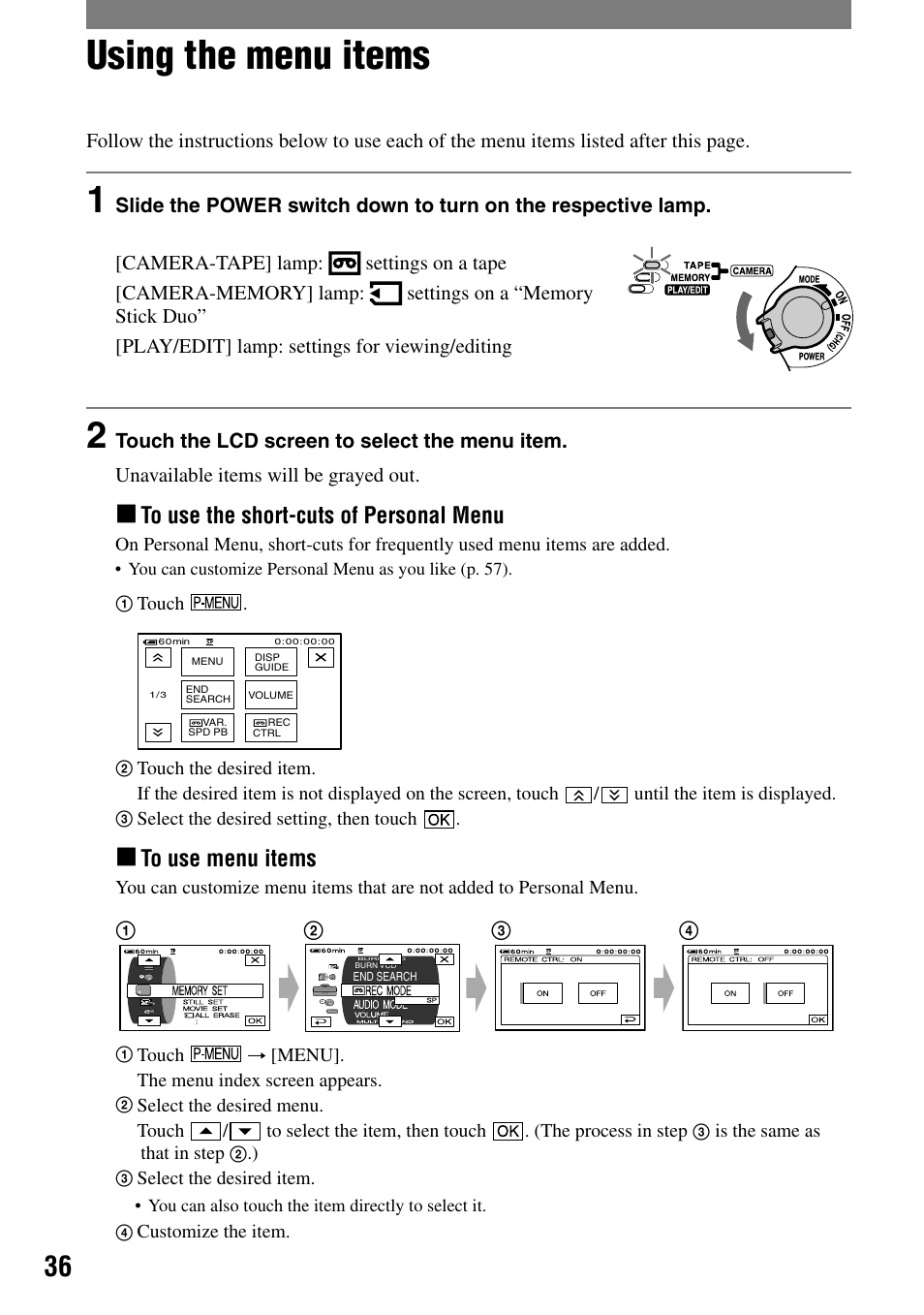 Using the menu, Using the menu items | Sony DCR-HC32 User Manual | Page 36 / 123