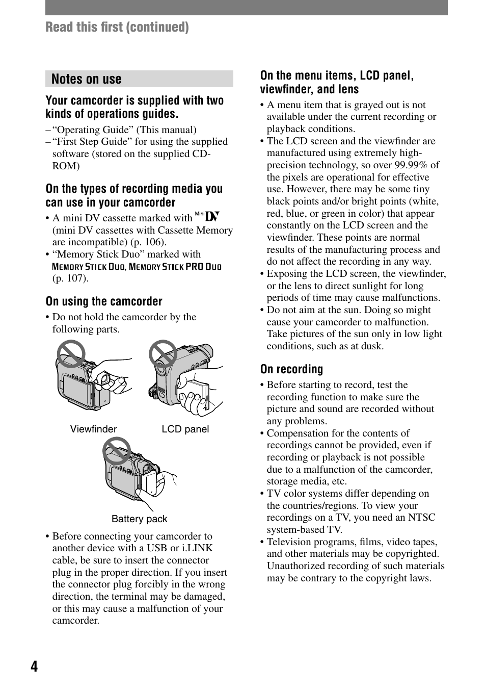 Read this ﬁrst (continued) | Sony DCR-HC32 User Manual | Page 4 / 123