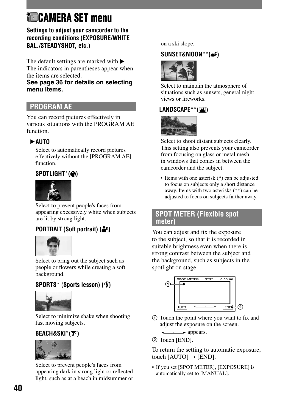 Camera set menu, Program ae, Spot meter (flexible spot meter) | Sony DCR-HC32 User Manual | Page 40 / 123