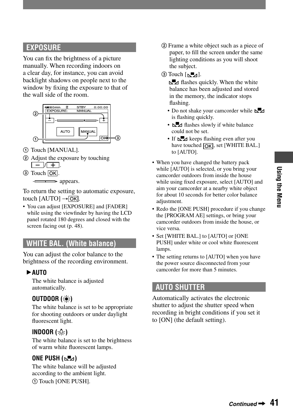 Exposure, White bal. (white balance), Auto shutter | Sony DCR-HC32 User Manual | Page 41 / 123