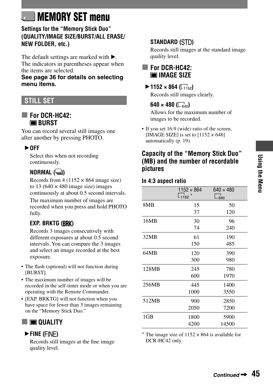 Memory set menu, Still set | Sony DCR-HC32 User Manual | Page 45 / 123