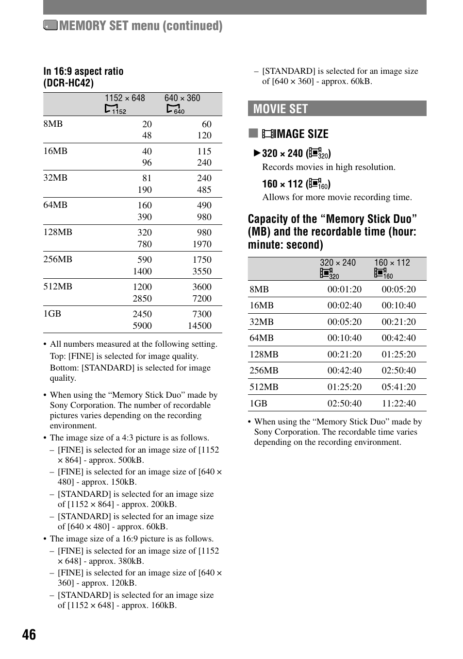 Movie set, Image size | Sony DCR-HC32 User Manual | Page 46 / 123