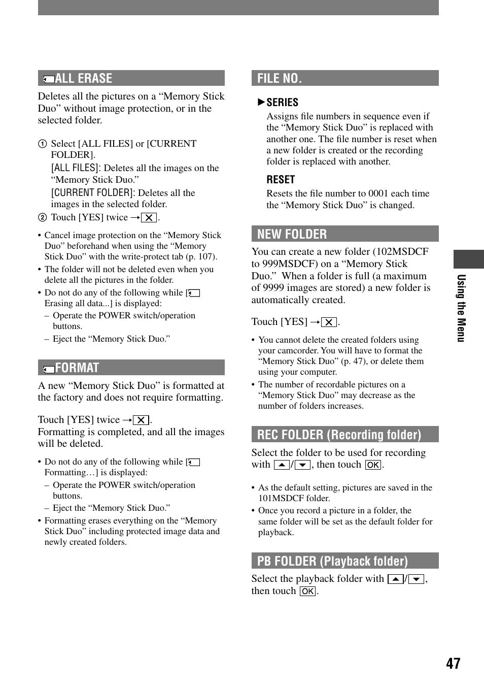 All erase, Format, File no | New folder, Rec folder (recording folder), Pb folder (playback folder) | Sony DCR-HC32 User Manual | Page 47 / 123