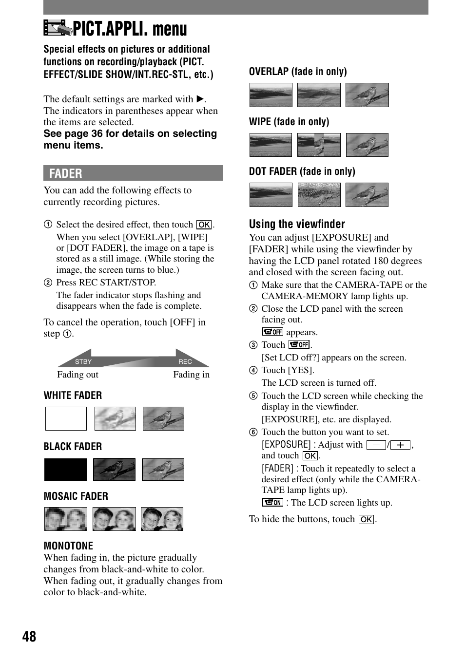 Pict.appli. menu, Fader | Sony DCR-HC32 User Manual | Page 48 / 123