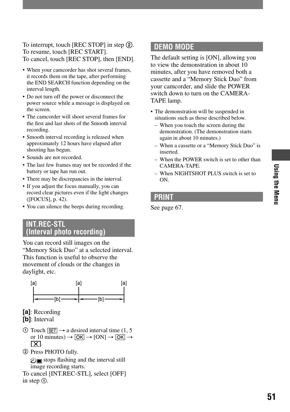 Int.rec-stl (interval photo recording), Demo mode, Print | Sony DCR-HC32 User Manual | Page 51 / 123