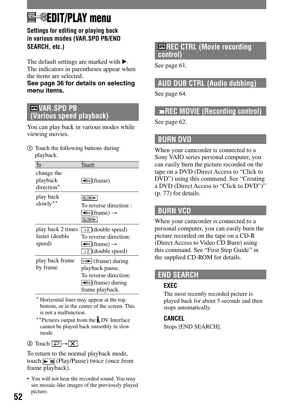 Edit/play menu, Var.spd pb (various speed playback), Rec ctrl (movie recording control) | Aud dub ctrl (audio dubbing), Rec movie (recording control), Burn dvd, Burn vcd, End search | Sony DCR-HC32 User Manual | Page 52 / 123