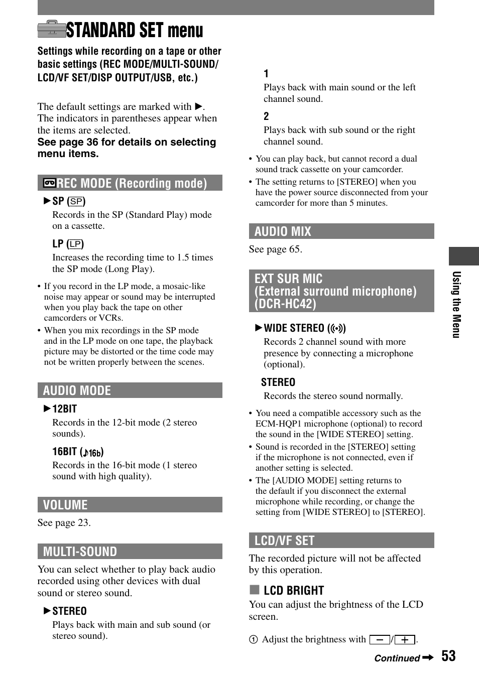 Standard set menu | Sony DCR-HC32 User Manual | Page 53 / 123
