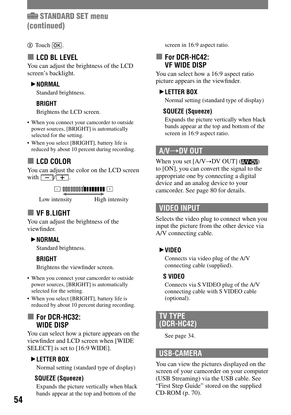 Standard set menu (continued) | Sony DCR-HC32 User Manual | Page 54 / 123