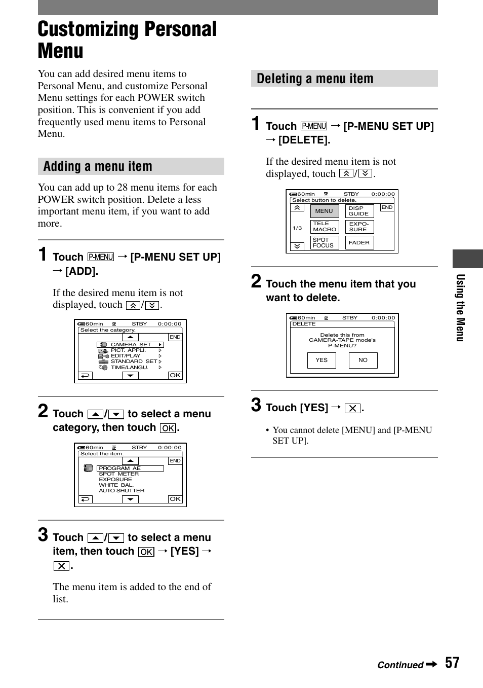 Customizing personal menu, Adding a menu item, Deleting a menu item | Sony DCR-HC32 User Manual | Page 57 / 123