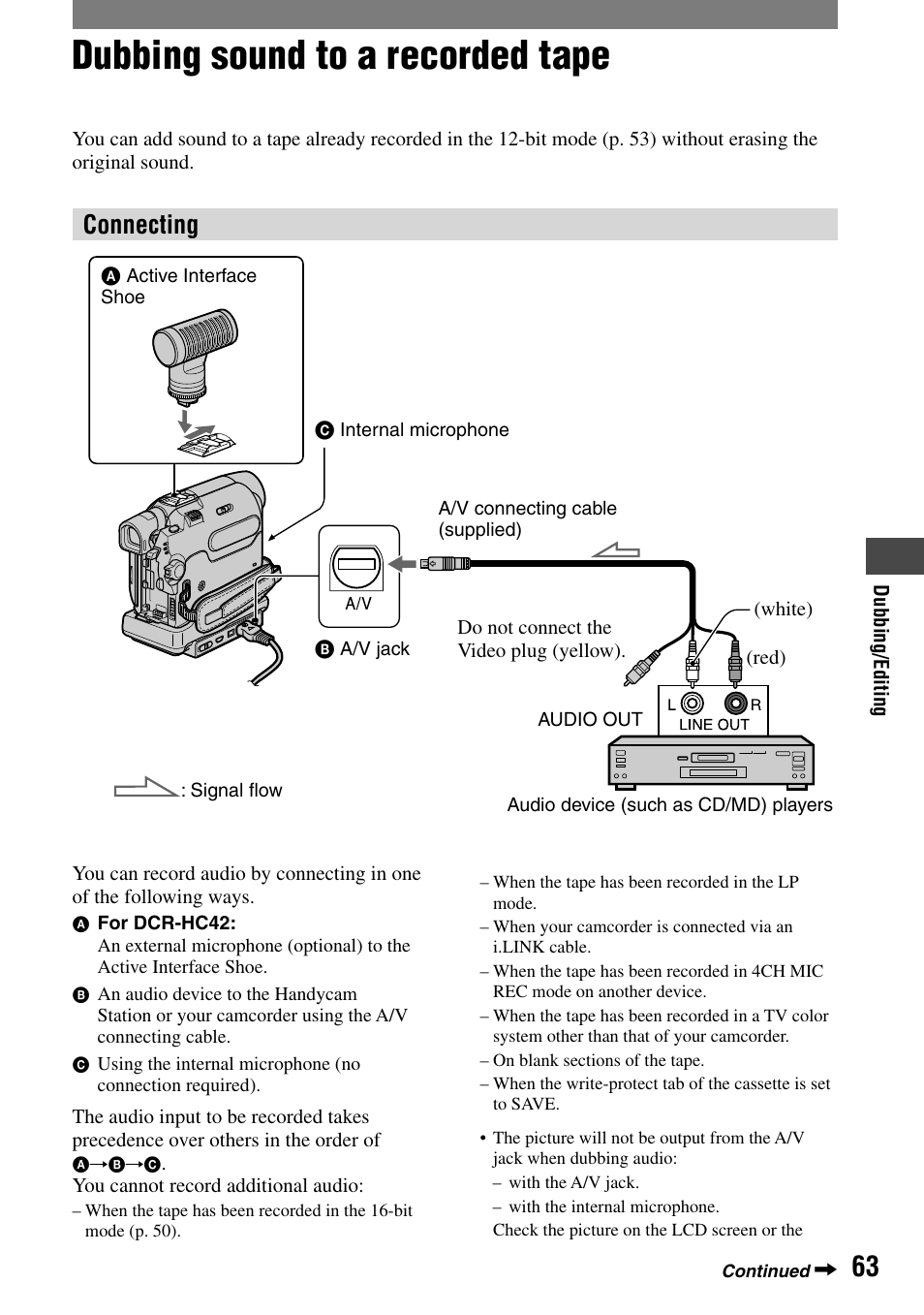 Dubbing sound to a recorded tape, Connecting | Sony DCR-HC32 User Manual | Page 63 / 123