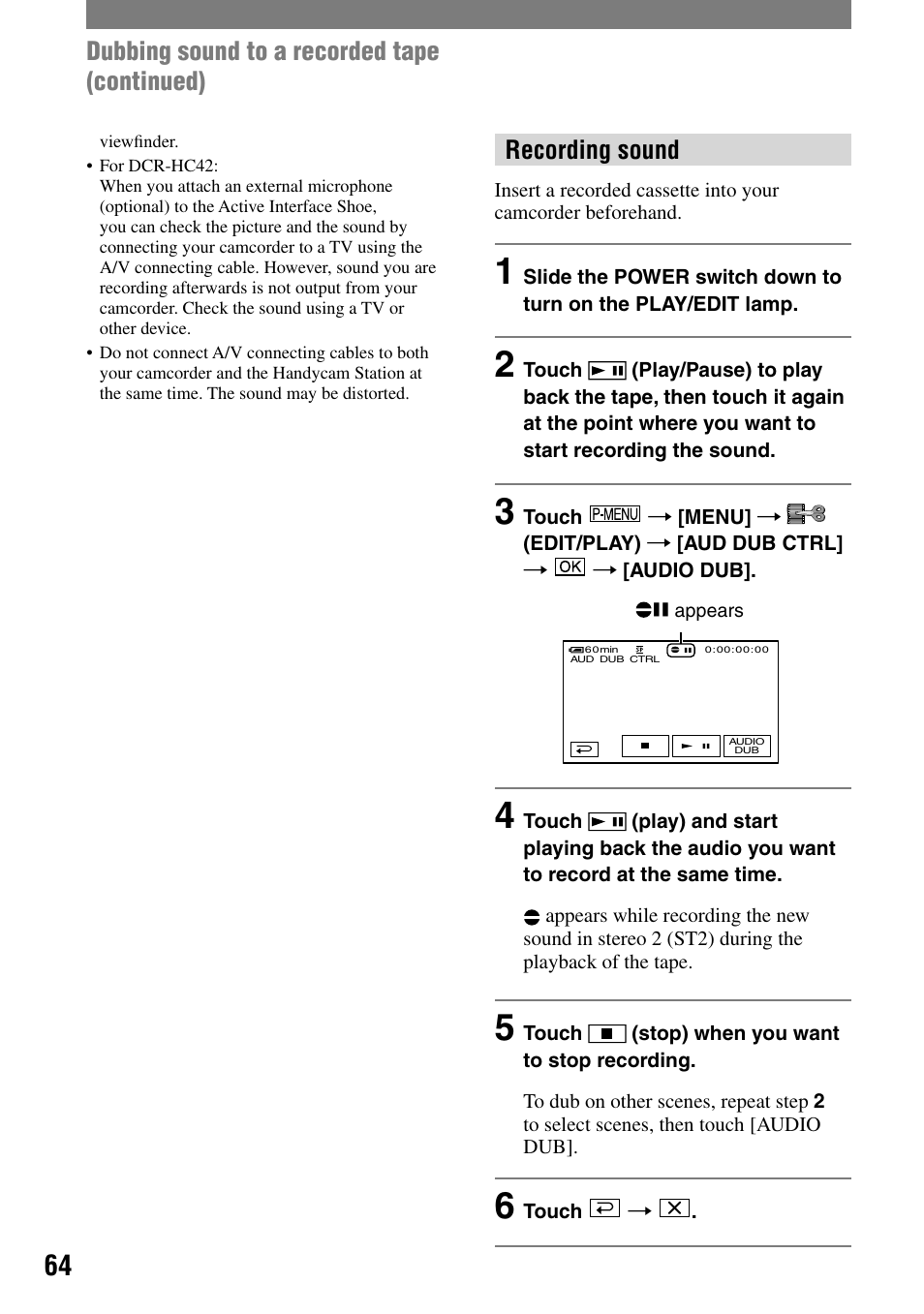 Recording sound, Dubbing sound to a recorded tape (continued) | Sony DCR-HC32 User Manual | Page 64 / 123