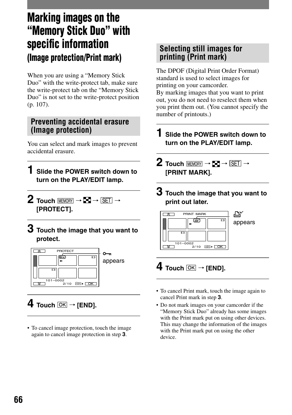Image protection/print mark), Preventing accidental erasure (image protection), Selecting still images for printing (print mark) | Sony DCR-HC32 User Manual | Page 66 / 123
