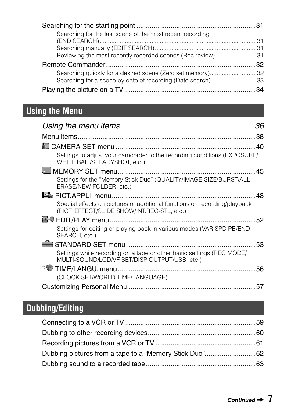 Using the menu, Dubbing/editing, Using the menu items | Sony DCR-HC32 User Manual | Page 7 / 123