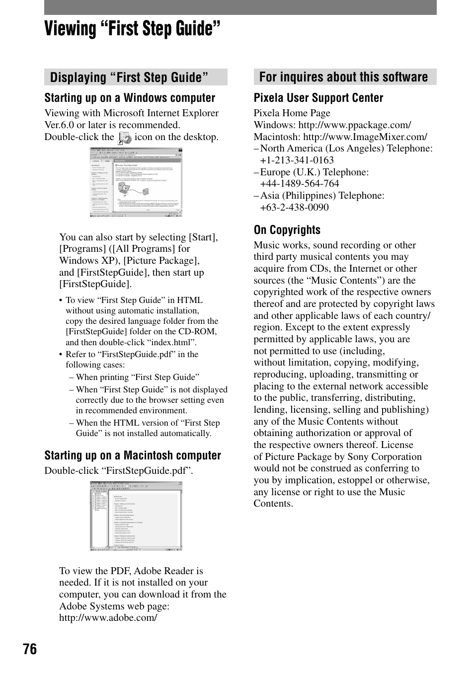 Viewing “first step guide, Displaying “first step guide, For inquires about this software | Sony DCR-HC32 User Manual | Page 76 / 123