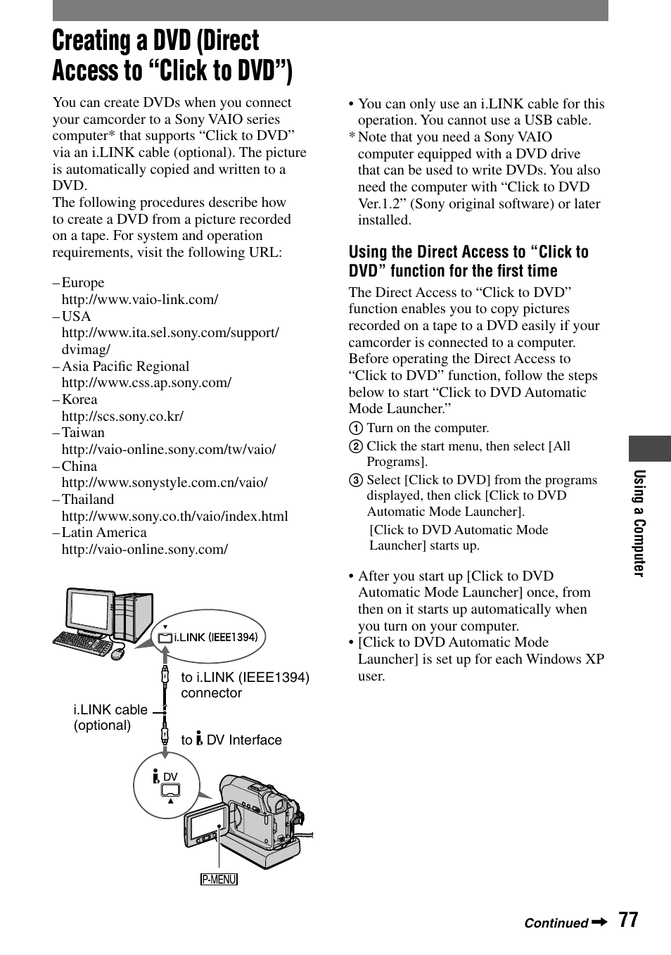 Creating a dvd (direct access to “click to dvd”) | Sony DCR-HC32 User Manual | Page 77 / 123