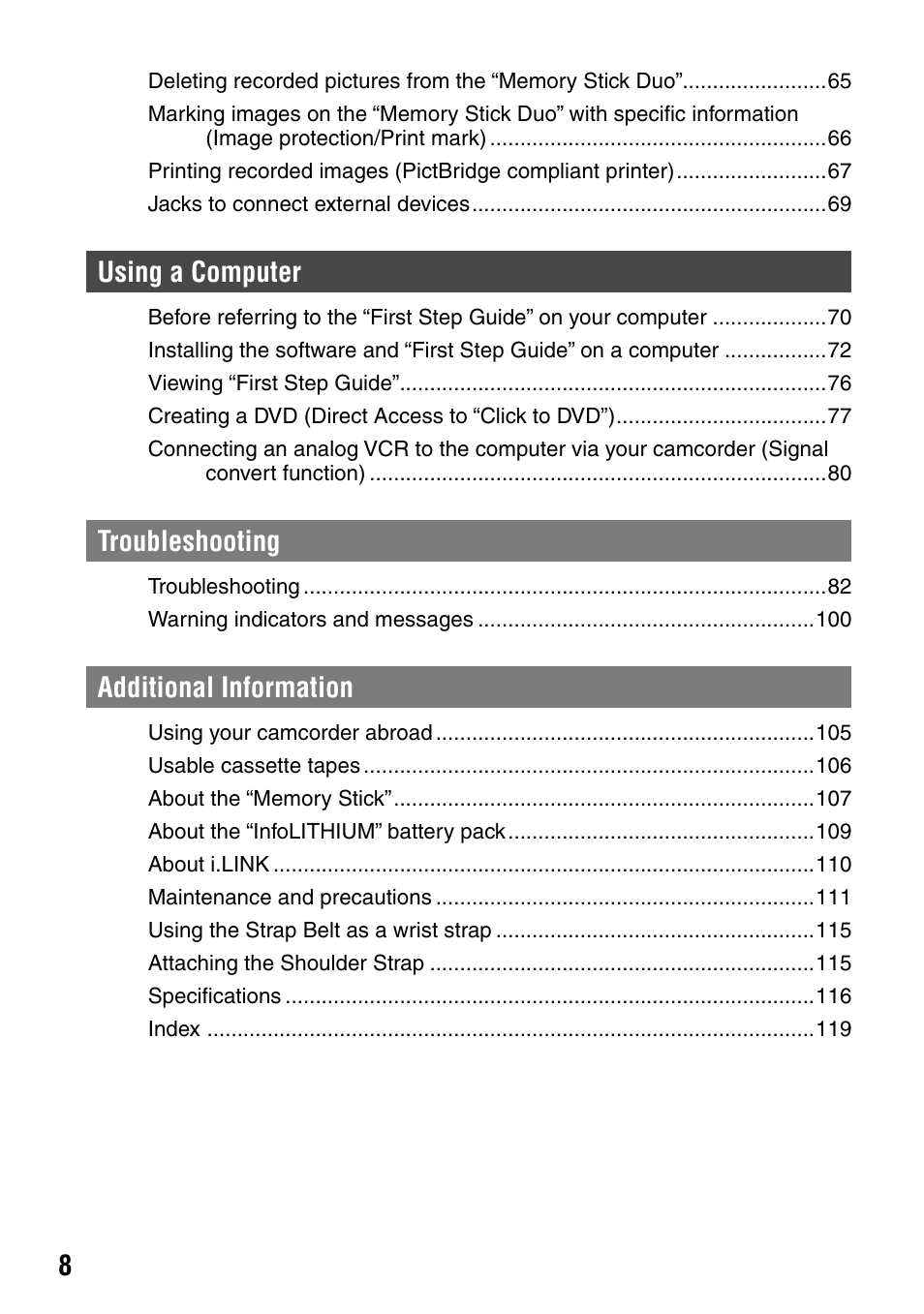 Using a computer, Troubleshooting, Additional information | Sony DCR-HC32 User Manual | Page 8 / 123