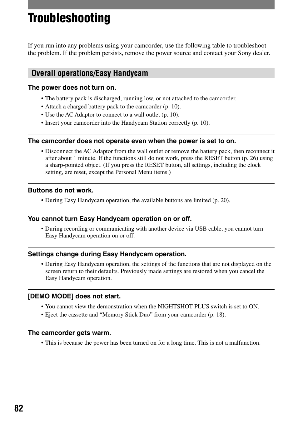 Troubleshooting, Overall operations/easy handycam | Sony DCR-HC32 User Manual | Page 82 / 123