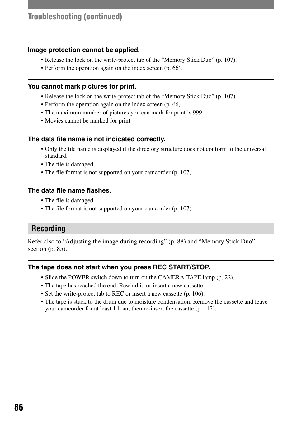 Recording, Troubleshooting (continued) | Sony DCR-HC32 User Manual | Page 86 / 123