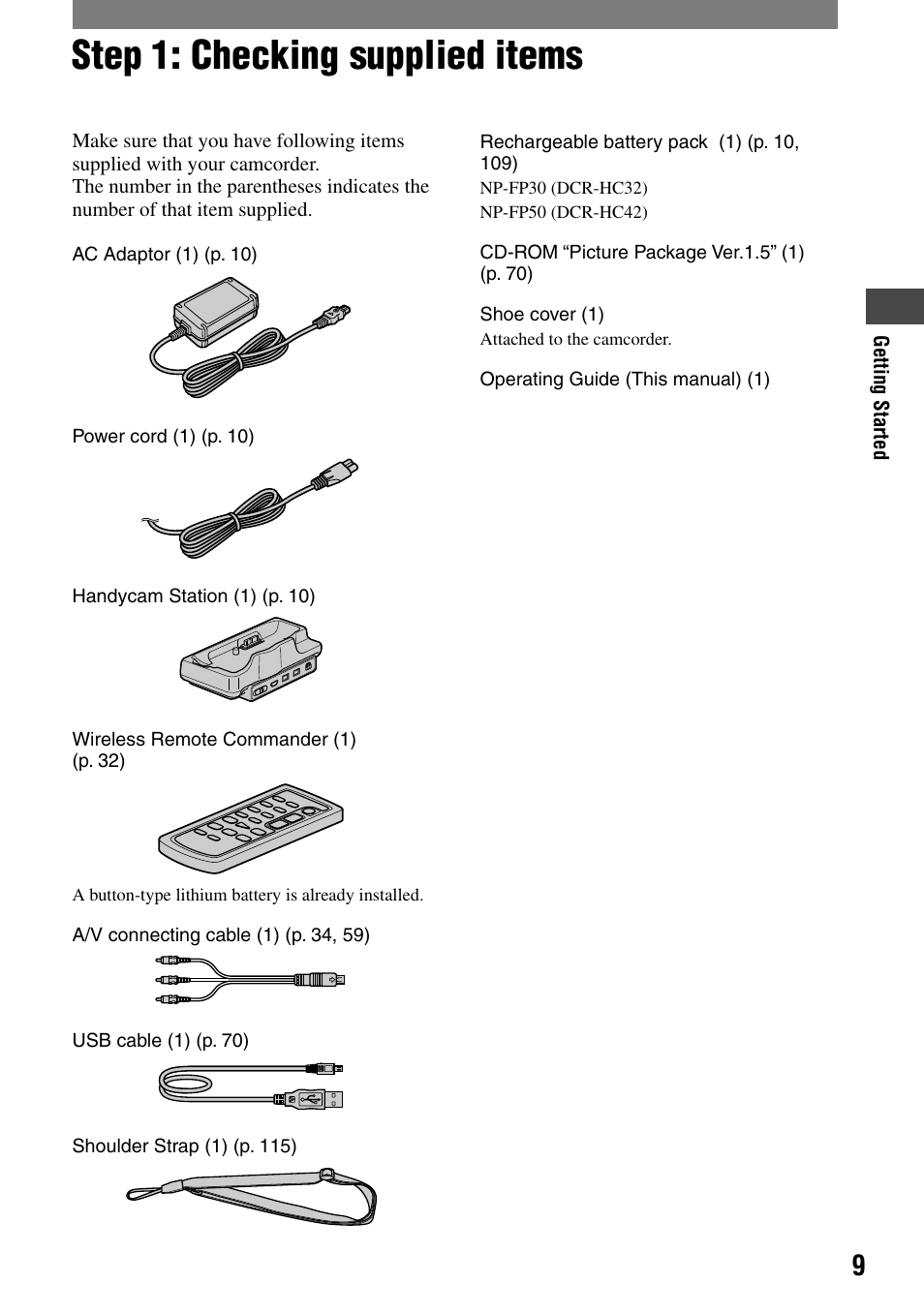 Getting started, Step 1: checking supplied items | Sony DCR-HC32 User Manual | Page 9 / 123