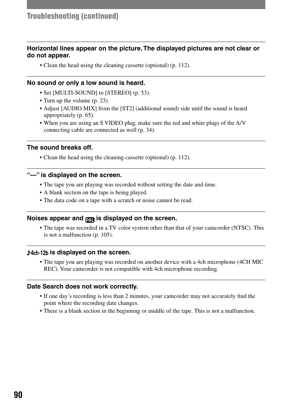 Troubleshooting (continued) | Sony DCR-HC32 User Manual | Page 90 / 123