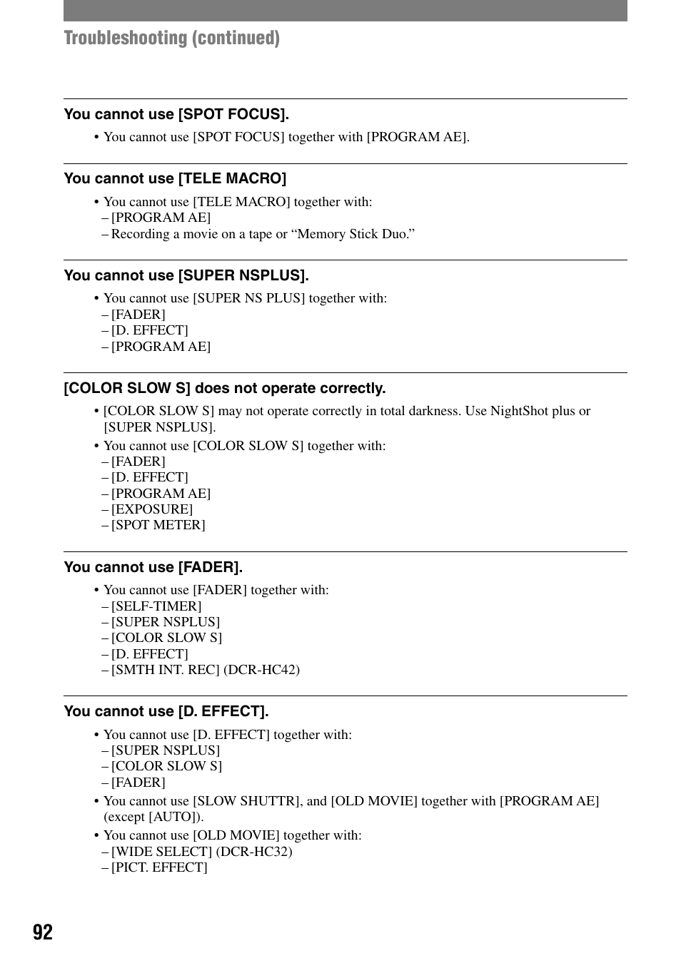 Troubleshooting (continued) | Sony DCR-HC32 User Manual | Page 92 / 123