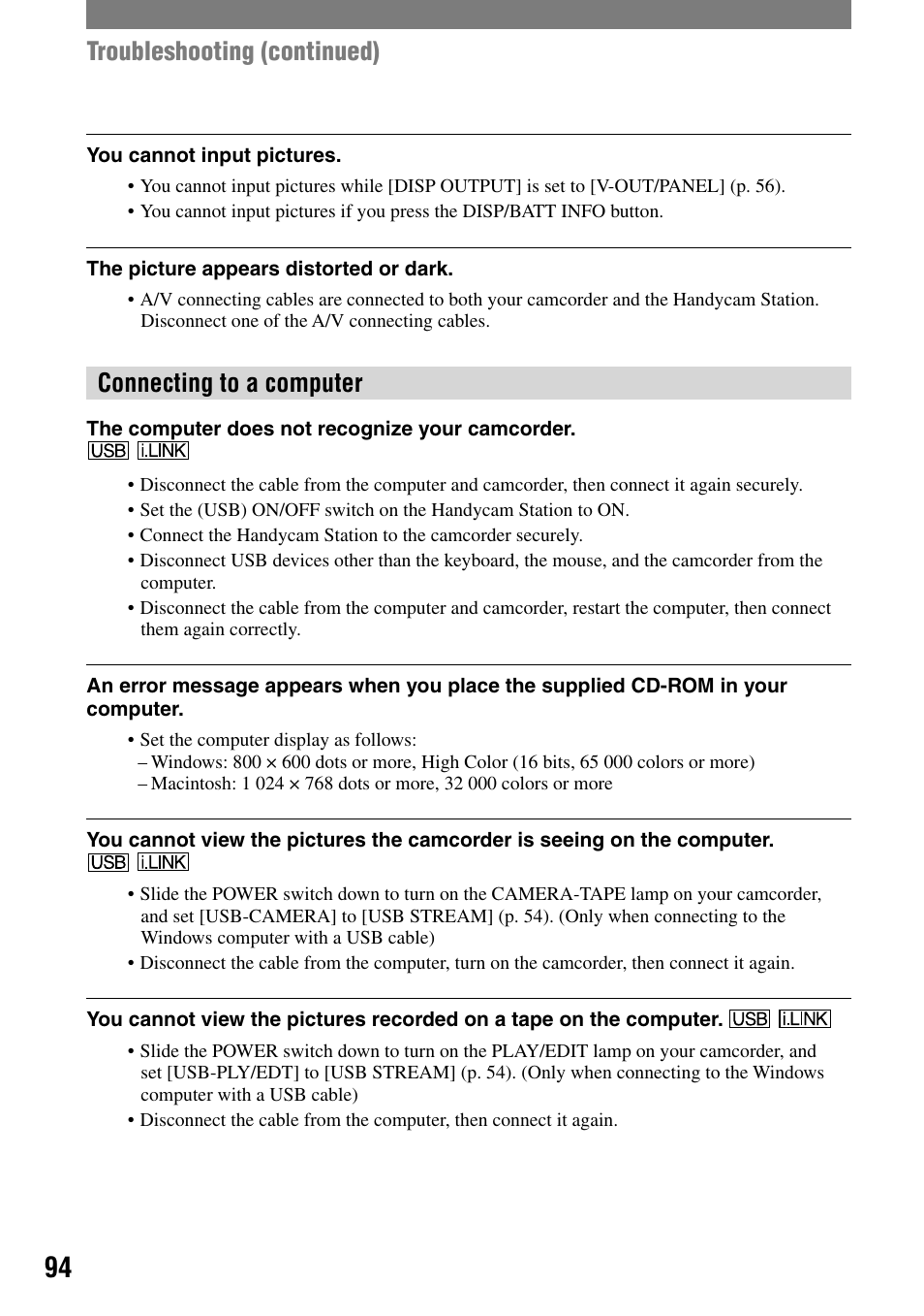 Connecting to a computer, Troubleshooting (continued) | Sony DCR-HC32 User Manual | Page 94 / 123