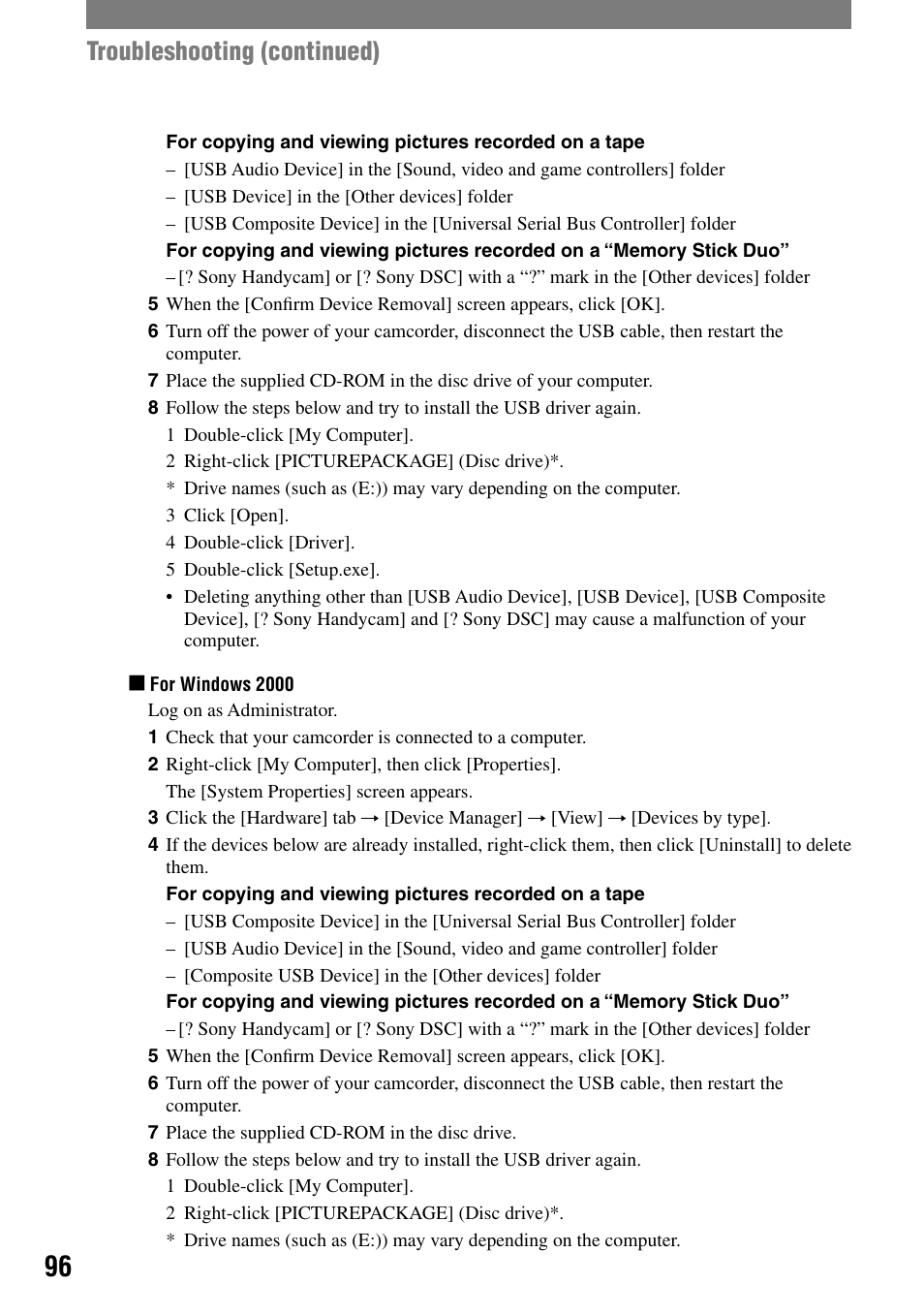 Troubleshooting (continued) | Sony DCR-HC32 User Manual | Page 96 / 123