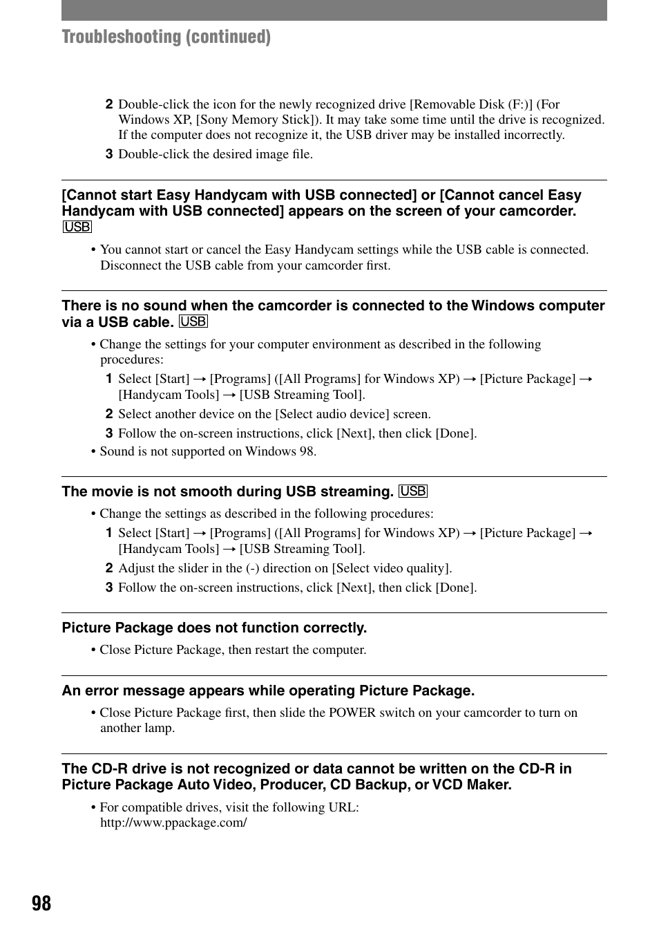 Troubleshooting (continued) | Sony DCR-HC32 User Manual | Page 98 / 123