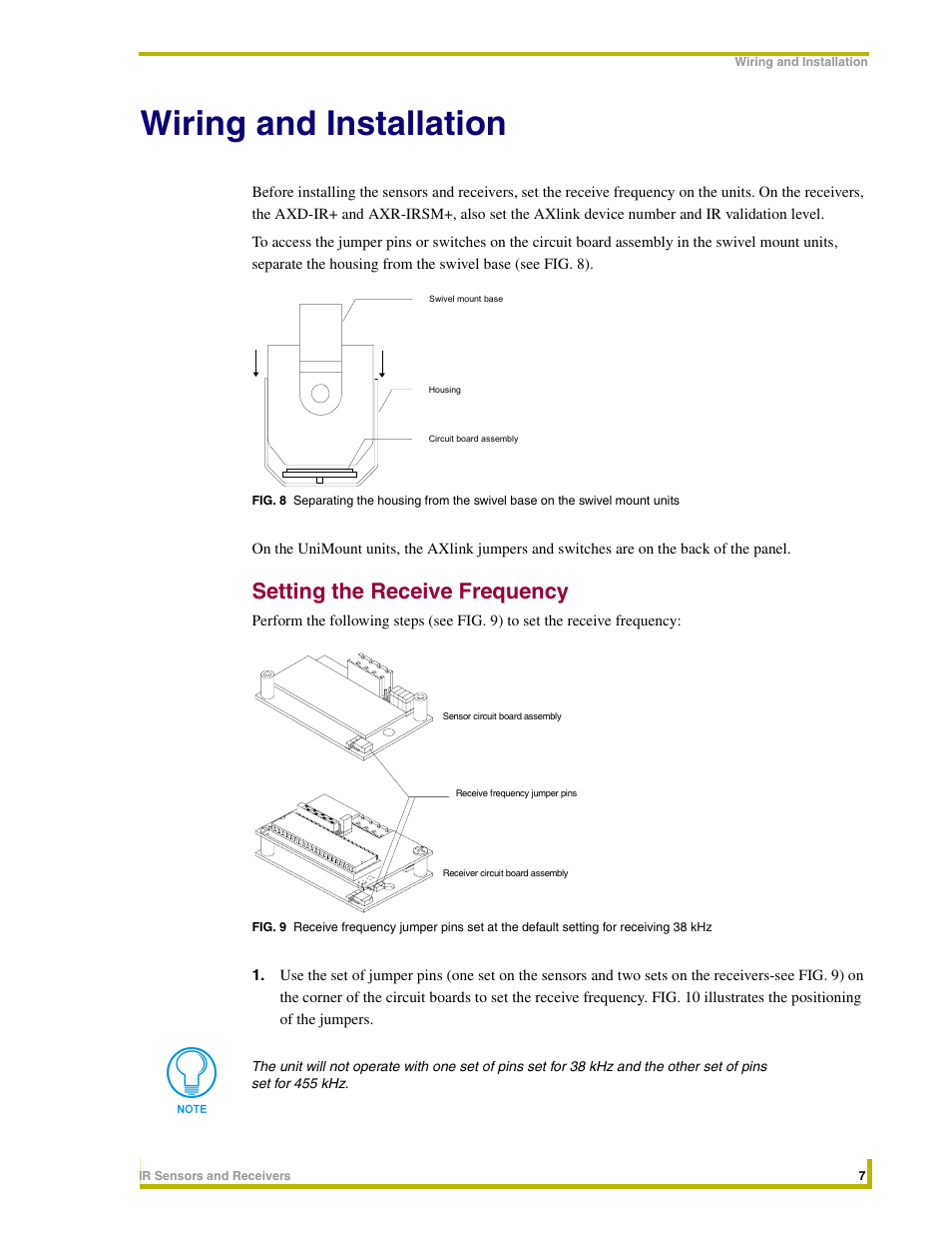 Wiring and installation, Setting the receive frequency | AMX Sensors and Receivers IR User Manual | Page 11 / 22